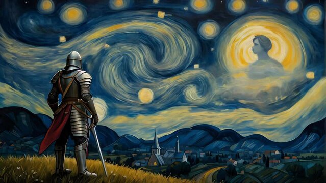 Armored knight standing with a galaxy and starry sky at dusk behind, in a fantasy-style painting
