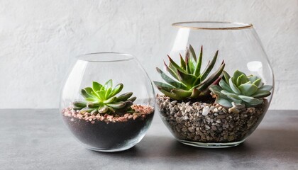 different florariums with beautiful succulents on grey table against white background