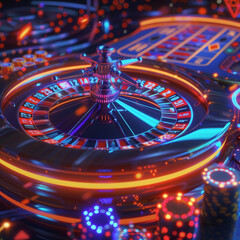 An intricately designed roulette wheel in sharp focus, with a lively casino atmosphere