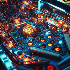 Fototapeta na wymiar A close-up of a pinball machine, highlighting the vibrant lights and dynamic playfield