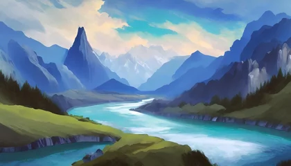 Cercles muraux Montagnes fantasy landscape with river and mountains
