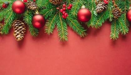 Fototapeta na wymiar red christmas background with fir branches and decorations