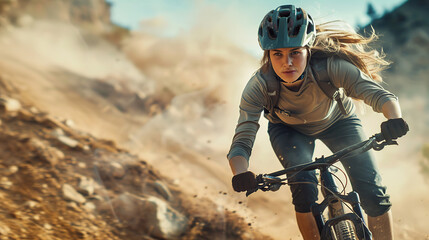 Young woman riding bicycle on mountain trail, cyclist on sports bike