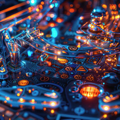 A close-up of a pinball machine, highlighting the vibrant lights and dynamic playfield