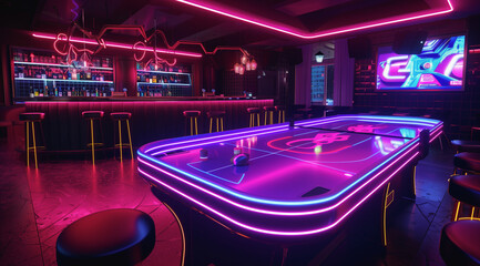 A 3D-rendered air hockey table aglow with striking neon lights - obrazy, fototapety, plakaty