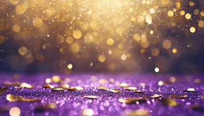 abstract violet and gold shiny christmas background with glitter and confetti holiday bright purple blurred backdrop with golden particles and bokeh - obrazy, fototapety, plakaty