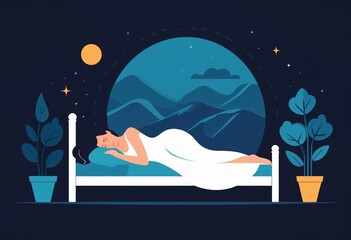 woman sleeping on a bed with a moon in the background.