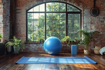 An urban fitness setting with a large blue stability ball, yoga mat, and greenery in a loft-style room.