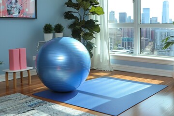 A serene home fitness corner featuring a stability ball on a yoga mat, surrounded by plants and city views.