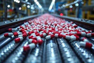 Fototapeta premium A dynamic view down the production line of red and white capsules, suggesting mass pharmaceutical manufacturing and industry.