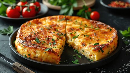 Spanish omelette with potatoes and onion, typical Spanish cuisine. Tortilla espanola.