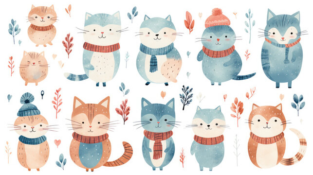 Collection Set of Cute and Funny Cat Wearing Winter Clothes For Christmas Event, Isolated On White Abstract Background. Oil Watercolor Style. With Tree Nature Element. December Winter Season