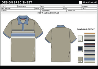 TECH PACK STRIPED POLO HALF SLEEVE T SHIRT EASY EDITABLE TECHNICAL FLAT SKETCH ILLUSTRATION DESIGN.eps