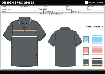 TECH PACK STRIPED POLO HALF SLEEVE T SHIRT EASY EDITABLE TECHNICAL FLAT SKETCH ILLUSTRATION DESIGN.eps