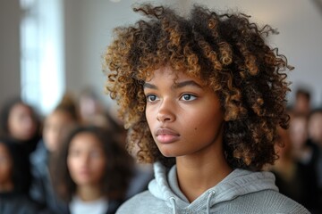 Portrait of a young woman with curly blonde hair, deep gaze, wearing a yellow shirt, individuality.