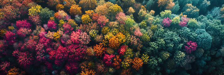 Aerial photography capturing vibrant colors in natural landscapes. Multicolor trees from above. - obrazy, fototapety, plakaty