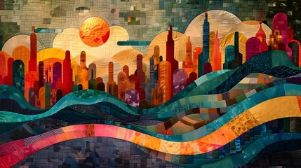 Papier Peint photo Montagnes Vibrant Tapestry of a Dystopian Landscape Depicting a Historical Journey Towards Wealth and Prosperity Through Sacrifice and Perseverance