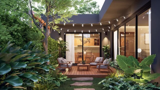 Animation of modern contemporary style small wooden terrace in lush garden with house interior background 3d render, there are green wall fence decorated with white outdoor furniture and string light