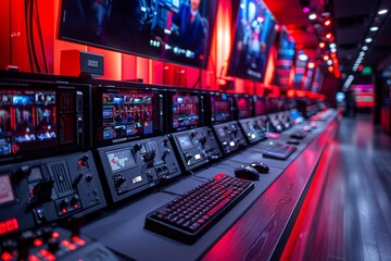 A state-of-the-art control room with an array of monitors in a vibrant, high-tech studio environment.