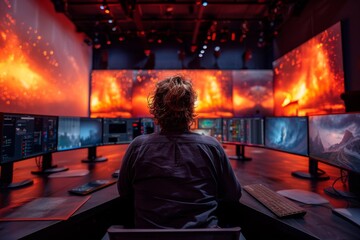 A person is surrounded by an immersive multi-screen setup displaying intense visual simulations.