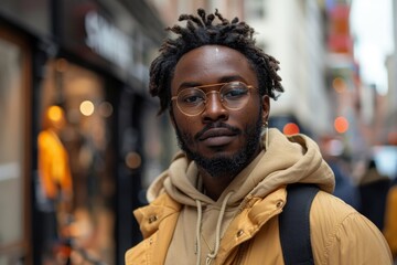 A young man with locs and glasses stands confidently in a bustling urban setting, embracing city life.