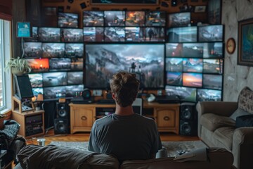 A person immersed in a multi-screen setup, surrounded by a variety of visual content in a cozy room.