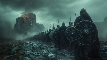 Defenders of the Coin Bastion Confront Financial Tempests in a Gothic Battlefield - obrazy, fototapety, plakaty