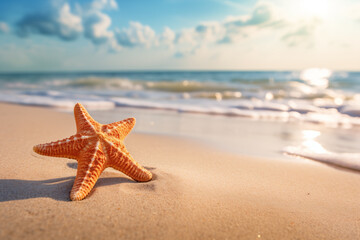 Fototapeta na wymiar An exquisite starfish rest upon the golden sands of a tranquil beach