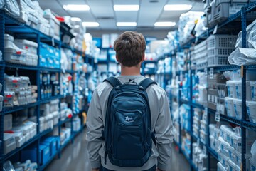 The back view of a man with a backpack, standing in the organized aisles of a supply store.