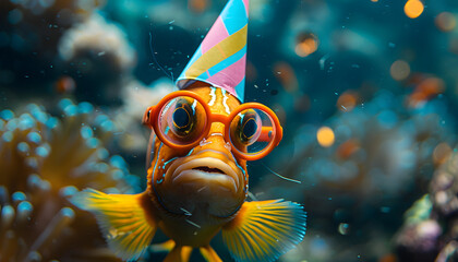 Humorous underwater image of a clown fish wearing a party hat and glasses, celebrating April Fools' Day with a playful and cheerful atmosphere.