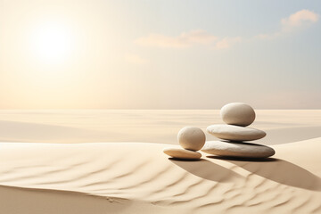 Abstract of a group of smooth rocks perched delicately upon a sandy beach, evokes a serene, calm, and peaceful atmosphere, reminiscent of a Zen garden