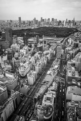 東京渋谷の高層ビルの展望台からの東京市街地の眺め。モノクロームで撮影