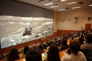 A lecture hall with a large display showing a lunar rover, representing space exploration education.