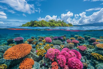  Split view of a colorful coral reef below and a tropical island above the serene sea.