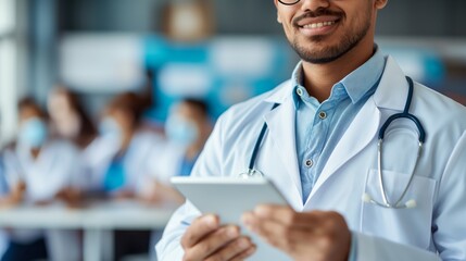 portrait of a male doctor using a tablet computer for work. Medicine healthcare and technology concepts.