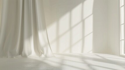 Empty room with white curtains and shadow of window on a white wall background. - obrazy, fototapety, plakaty
