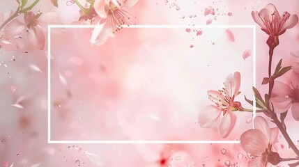 Spring cherry blossom background with space for your text. Pink banner with floral frame.