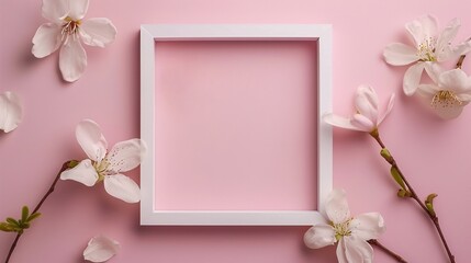 Photo frame with pink flowers on pink background. Flat lay, top view.