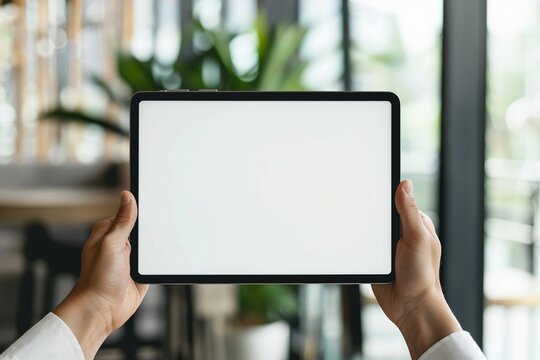 Mockup image of hands holding tablet pc with blank white screen in cafe.