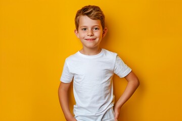 Cute brown haired boy in a white t-shirt on a yellow background.
