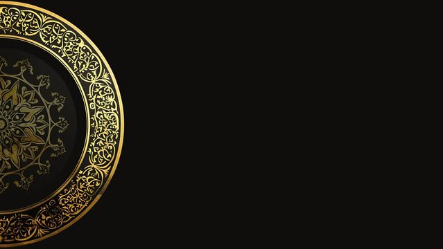Gold mandala Islamic ornament rotation on a black background. Opening frame video Islam.