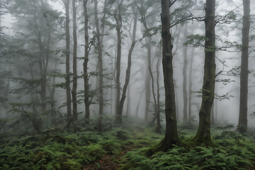 In a foggy forest on a rainy day ai