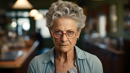 an old woman with wrinkles and gray hair, short hairstyle and glasses, makes a confused or angry impression, everyday life, fictional place like a nursing home or retirement home - obrazy, fototapety, plakaty