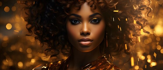 Fictional African American woman in gold on shiny gold background, girl in gold dress. Luxury and premium photography for advertising product design