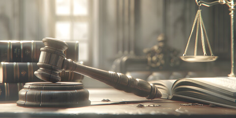 Justice Served Gavel and Scales of Justice in Court Hall. - obrazy, fototapety, plakaty