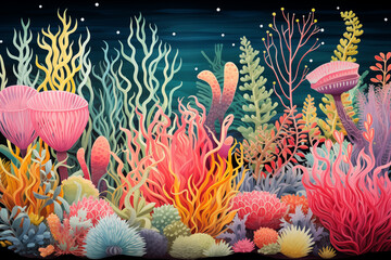 Fototapeta na wymiar A diverse array of sea plants sway gently in the underwater currents, their vibrant hues and intricate shapes creating a mesmerizing underwater garden