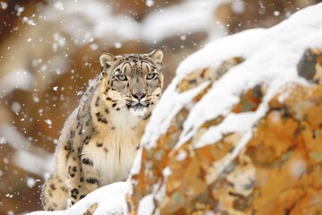 An artful composition showcasing the elusive elegance of a snow leopard in its habitat, the HD lens capturing the feline's majestic demeanor against a backdrop of snow-covered rocks. 
