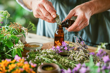 Close-ups of hands preparing and using herbal tinctures. - obrazy, fototapety, plakaty