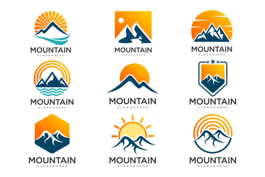 Sunset above mountains peak icon set logo design . Vintage styled mountain . Vector illustration