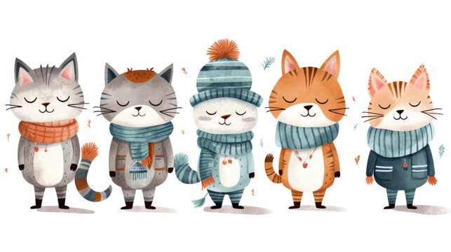 Collection Set of Cute and Funny Cat Wearing Winter Clothes For Christmas Event, Isolated On White Abstract Background. Oil Watercolor Style. With Tree Nature Element. December Winter Season